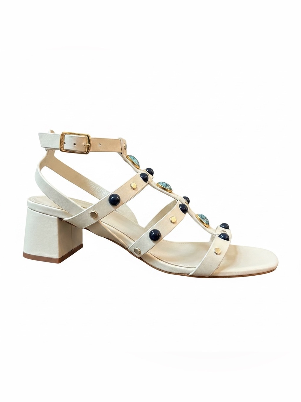 NWOT Larroudé white gladiator block heel sandal with embellishments - size 8.5
